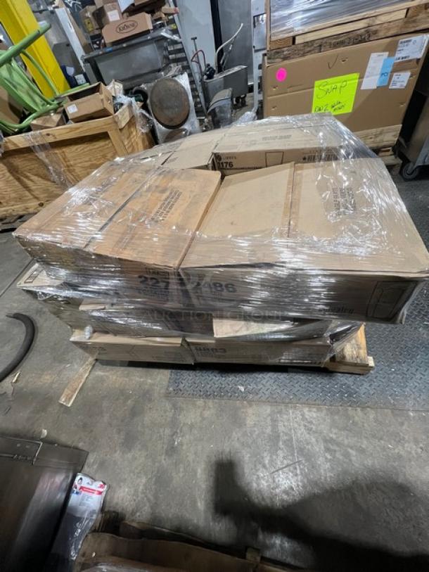 Mixed pallet of Libbey Omega, Governor Clinton, and Nob Hill glassware, Chef & Sommelier crystal glasses, and TableCraft unit, brand new.