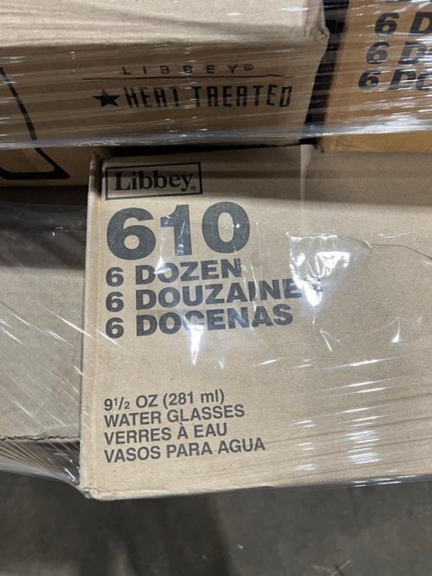 Mixed pallet of Libbey glassware, includes Model 610 water glasses, 6 dozen per case, brand new condition.