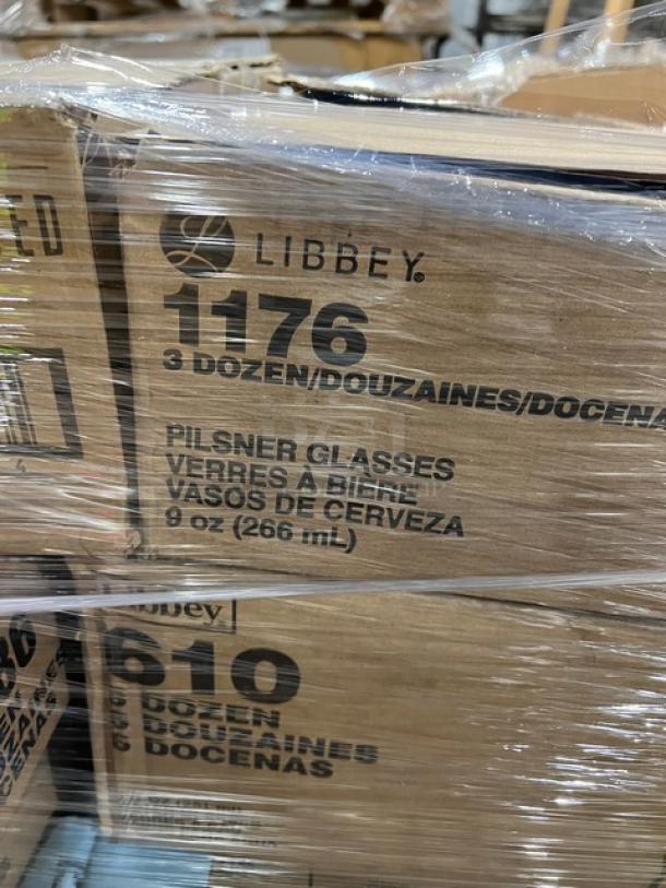Mixed pallet of Libbey commercial glassware including models 1176 and 610. Brand new, multiple dozens per case.