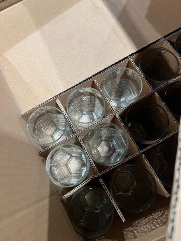 Mixed pallet of Libbey commercial glassware, boxed and organized, showing different glass styles and models.