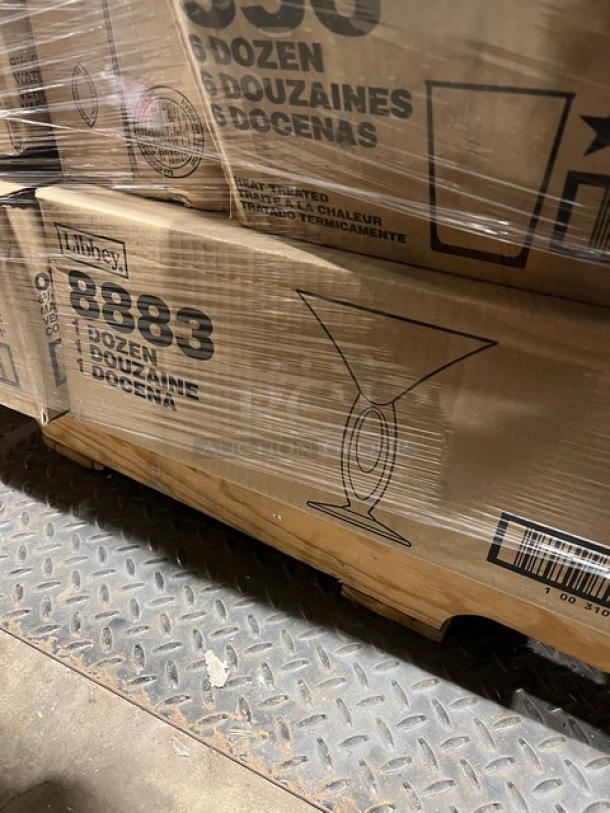 Brand new mixed pallet of Libbey glassware. Includes Omega Martini Glass Model 8883. Sealed cases, 24x your bid.
