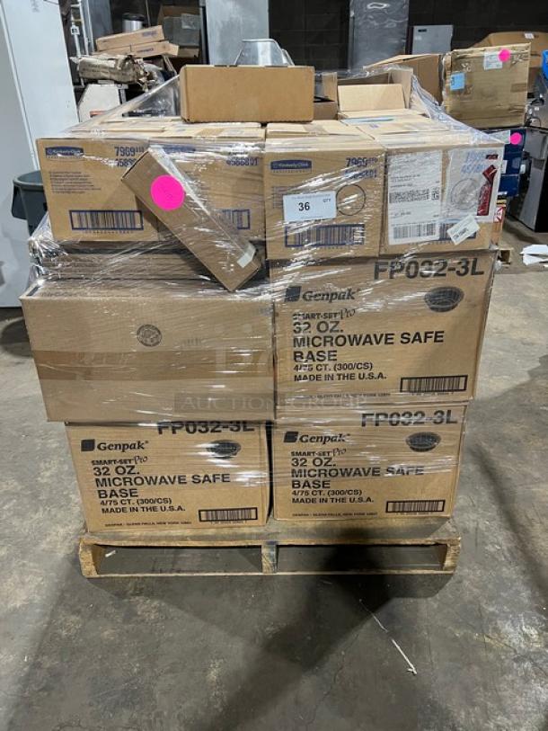 Mixed pallet with Genpak Smart-Set Pro 32 Oz. microwave-safe bases, Kimberly Clark WypAll dispenser, T&S twist lever waste drain, Rubbermaid recycling top.