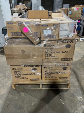 Mixed pallet with Genpak Smart-Set Pro 32 Oz. microwave-safe bases, Kimberly Clark WypAll dispenser, T&S twist lever waste drain, Rubbermaid recycling top.