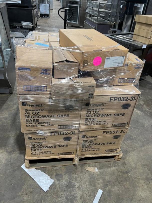 Brand new mixed pallet with Genpak Smart-Set Pro Series 32 oz microwave-safe bases, model FP032-3L, 300 per case. Includes Kimberly Clark WypAll dispenser, model 7969, and T&S commercial waste drain, model B-3950-01.