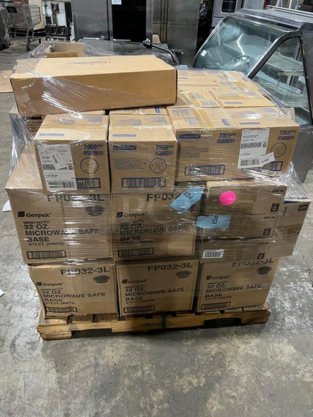 Mixed pallet with Genpak 32 oz microwave-safe bases (300 per case), Kimberly Clark wiper dispensers, T&S waste drains, and Rubbermaid recycling tops, wrapped and ready for auction.