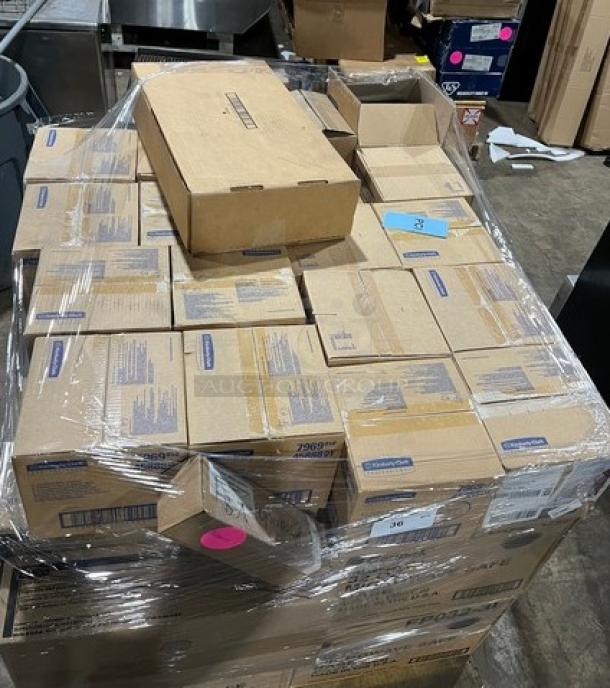 Mixed pallet of commercial items including Genpak Smart-Set Pro 32 oz. bases, Kimberly Clark WypAll dispensers, T&S drains, and Rubbermaid recycling tops, all brand new and securely wrapped.