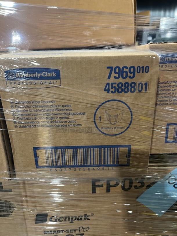 Mixed pallet with Genpak Smart-Set Pro 32 Oz. bases, Kimberly Clark wiper dispenser, T&S twist lever waste drain, new condition.