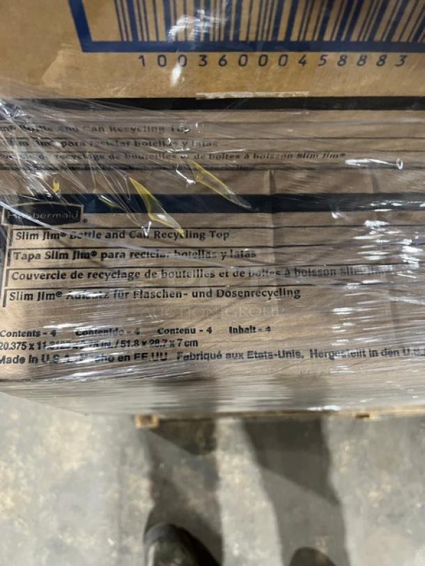 Pallet with mixed commercial items: Genpak microwave bases, Kimberly Clark wiper dispenser, T&S waste drain, Rubbermaid recycling top.