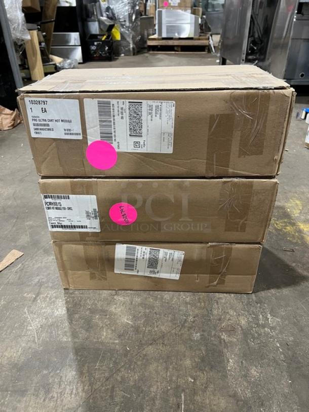 Three sealed boxes containing a brand new Cambro Pro Cart Ultra Series, Model PCMHX615, with adjustable temperature.