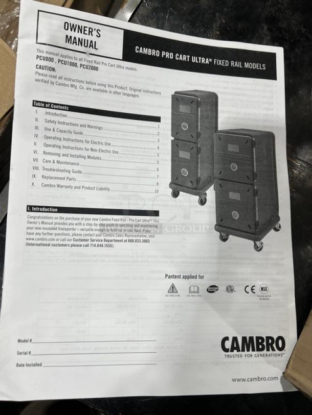 Owner's manual for Cambro Pro Cart Ultra Series, fixed rail models. Displays operating instructions and specifications.