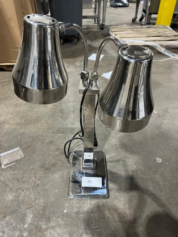 New commercial stainless steel electric double-head 2-bulb buffet heat lamp with individual power control, shiny finish.
