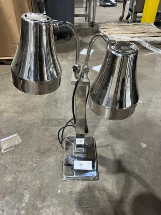 New commercial stainless steel electric double-head 2-bulb buffet heat lamp with individual power control, shiny finish.