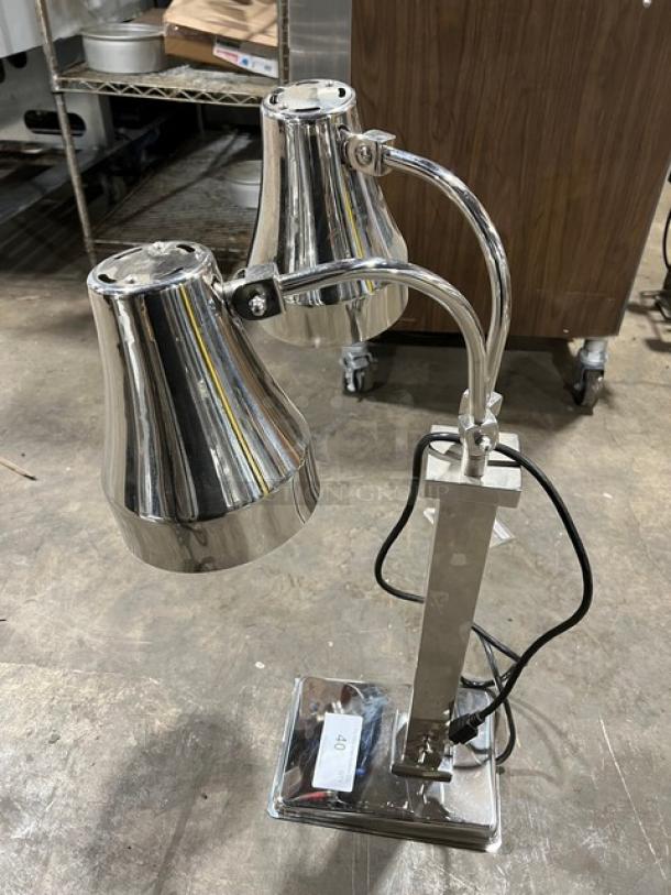 Commercial stainless steel electric warming heat lamp, double head, two-bulb, with individual power control, new condition.