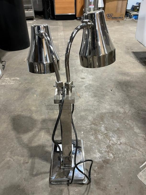 New commercial stainless steel double-head buffet food warming heat lamp with individual power control, pristine condition.