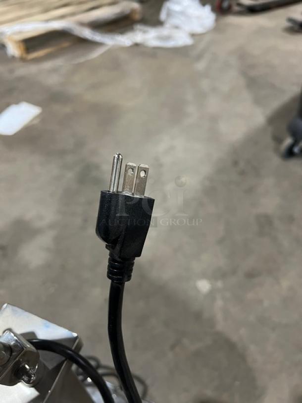 Stainless steel electric double head 2-bulb heat lamp, new with individual power control, close-up of power plug.