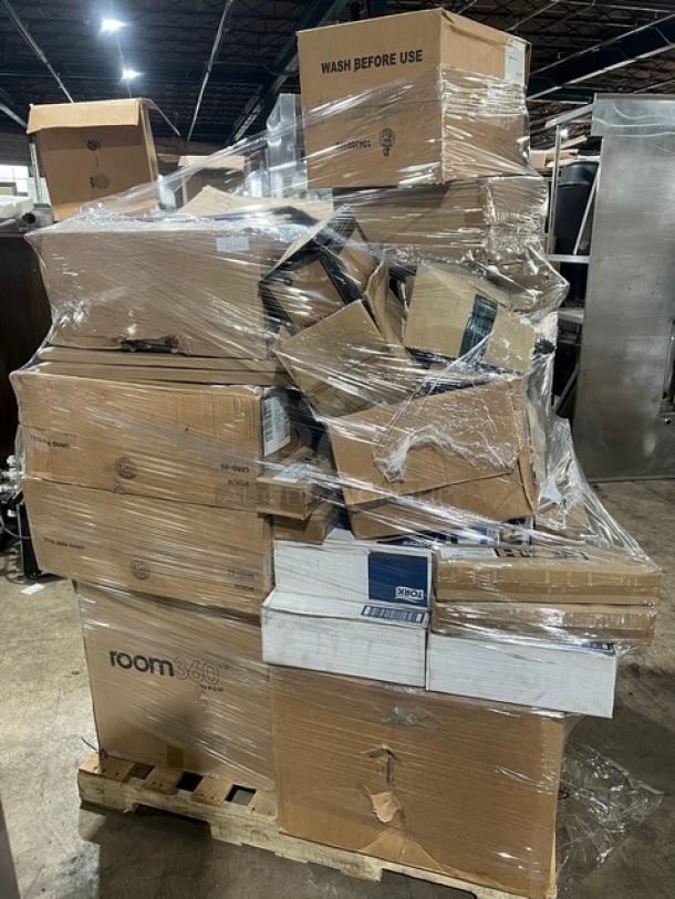 Pallet of mixed commercial kitchen items, brand new in sealed boxes, featuring multiple brands and models.