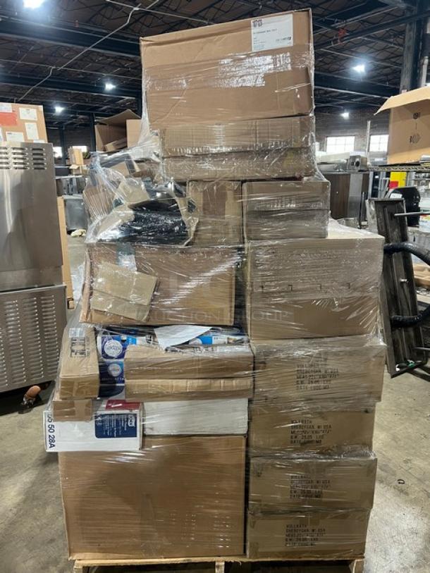Mixed pallet of commercial kitchen items, brand new, various models, boxed and shrink-wrapped, ready for auction.