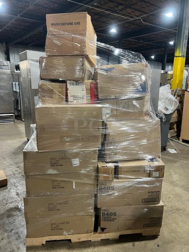 Mixed pallet with various commercial kitchen items in original packaging, including Front Of The House and Vollrath products.