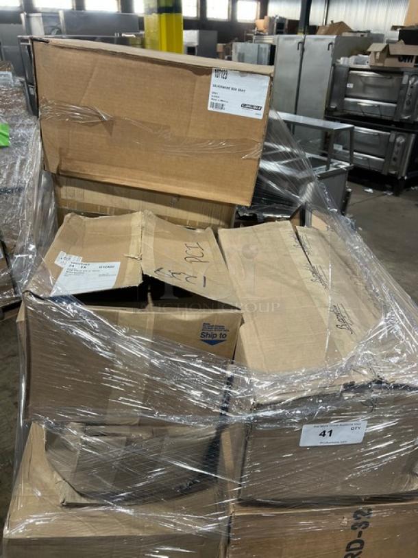 Mixed pallet of new commercial kitchen items in original boxes, wrapped in plastic. Includes Front Of The House, Libbey, Carlisle models.