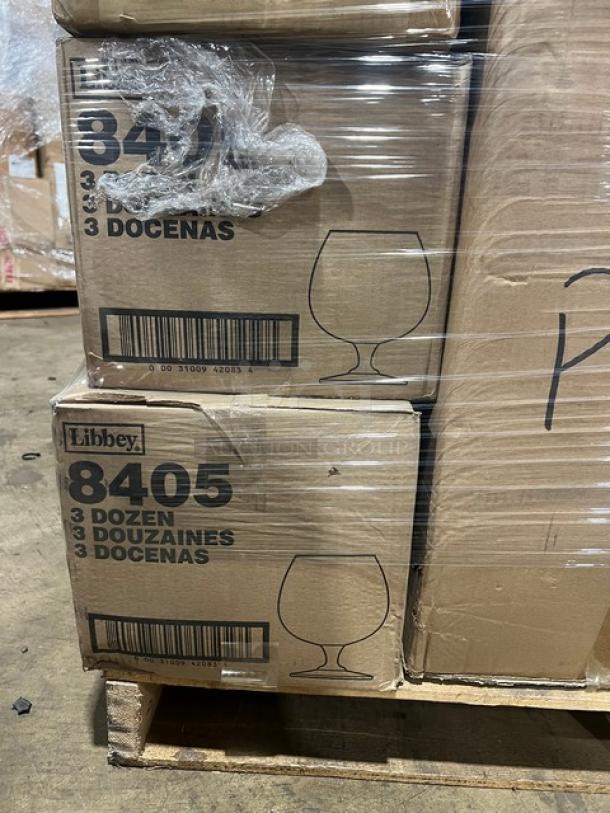 Mixed pallet with Libbey Citation Collection commercial brandy glass boxes. Model: 8405, 3 dozen per case. Boxes are stacked and wrapped.