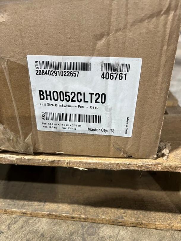 Mixed pallet includes Front Of The House Drinkwise Pan Model BHO052CLT20, case of 12. New condition, labeled for details.