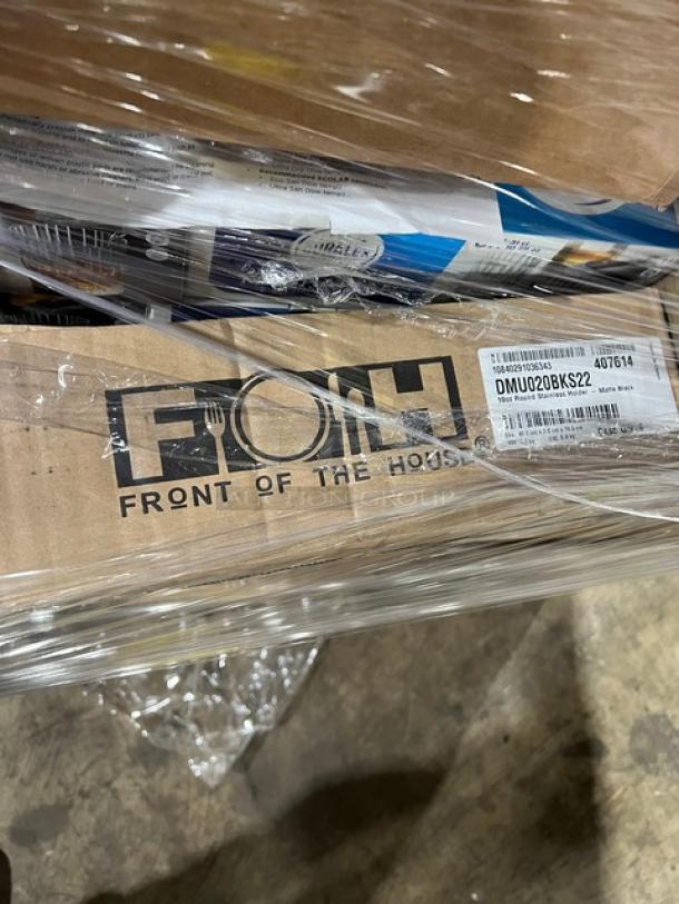 Mixed pallet with multiple commercial kitchen items including Front Of The House drinkware, displayed in original packaging.