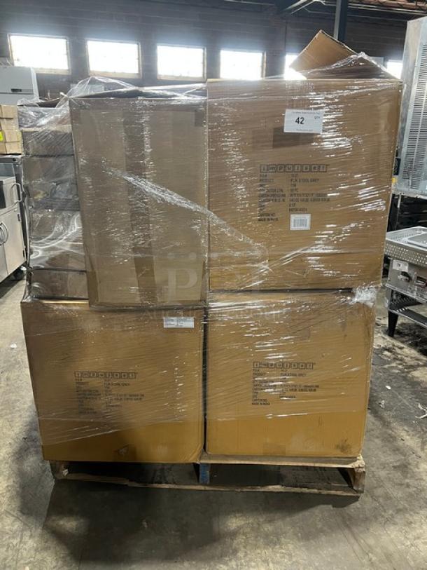Mixed pallet of commercial kitchen items, brand new in boxes, including San Jamar Saf-T-Scoop Model SI7000 and more.