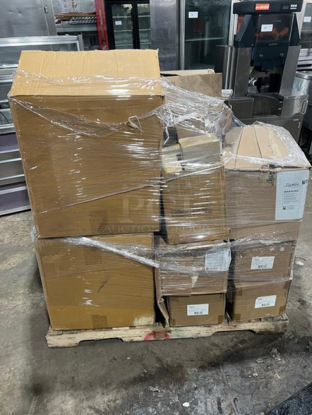 Mixed pallet of new commercial items including San Jamar SI7000 ice scoop, various plates, stool, and food pan, shrink-wrapped.