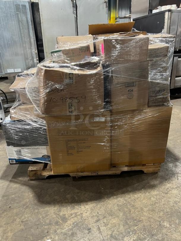 Mixed pallet of commercial kitchen items including San Jamar Saf-T-Scoop, Impulse Flik Stool, and more. Brand new and shrink-wrapped.