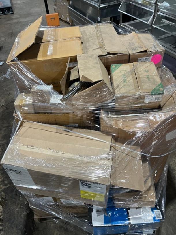 Mixed pallet of commercial kitchen items, brand new, including San Jamar Saf-T-Scoop Model SI7000, Impulse stool Model 1194, and more.