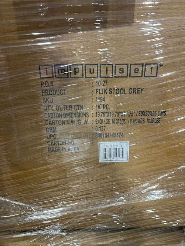 Mixed pallet with San Jamar ice scoop, Impulse grey stool, and more. Labels show dimensions, PO #10-27, Made in India, SKU 1194.