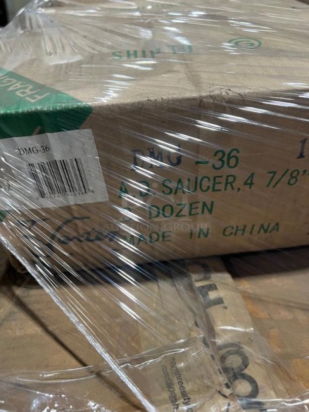 Mixed pallet containing new commercial kitchen items. Includes San Jamar ice scoop, Impulse stool, Del Mar saucers, and more. Model DMG-36 visible on packaging.