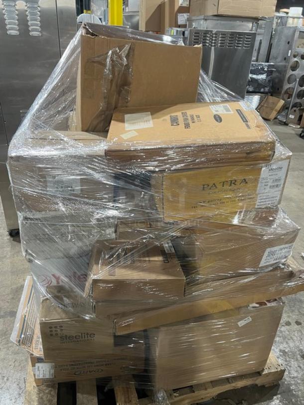 Mixed pallet with multiple boxes of commercial kitchenware, including Steelite plates and bowls, wrapped in clear plastic.