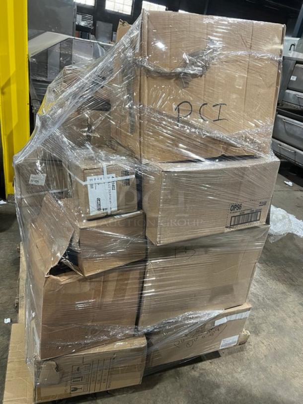 Mixed pallet of commercial kitchenware includes brand new Steelite plates, bowls, Cambro lids, and more. Wrapped in plastic.
