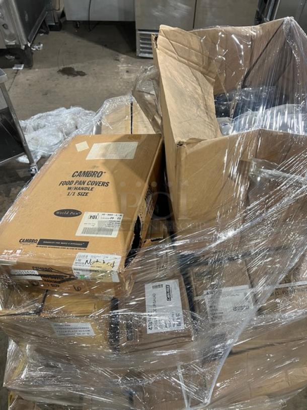 Mixed pallet of commercial dining items, packaged in boxes and covered in plastic wrap. Includes brands like Cambro and Steelite.