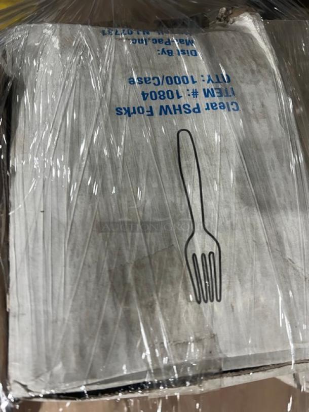 Mixed pallet with polystyrene forks, item 10804, 1,000 per case. Features a fork illustration on the packaging.