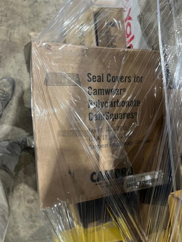 Mixed pallet with original packaging for various commercial kitchen items. Includes seals for Cambro CamSquares. New condition.