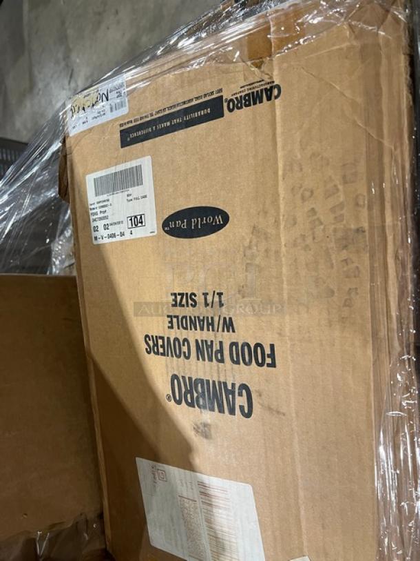 Mixed pallet of commercial kitchenware featuring Steelite plates, bowls, and disposable utensils. Includes Cambro lids, all new.