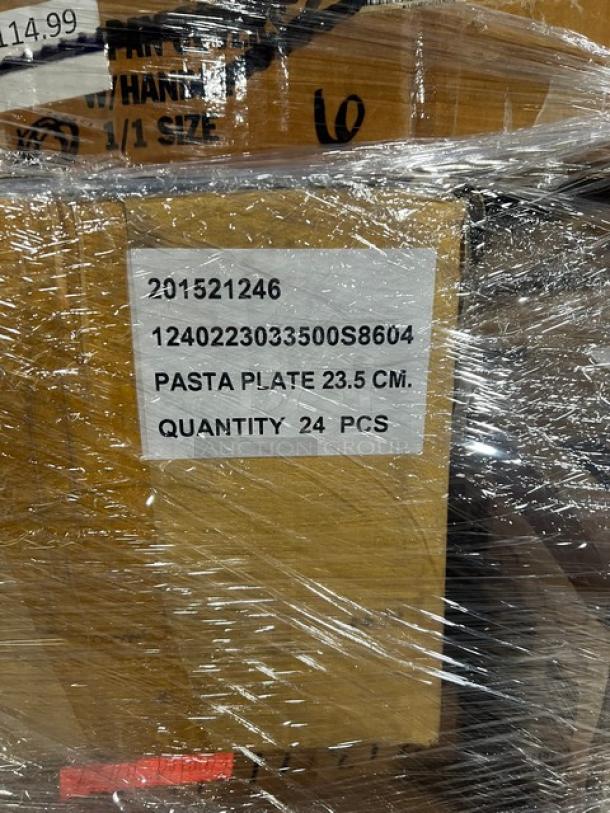 Pallet with pasta plates label, quantity 24 pieces, wrapped in plastic.