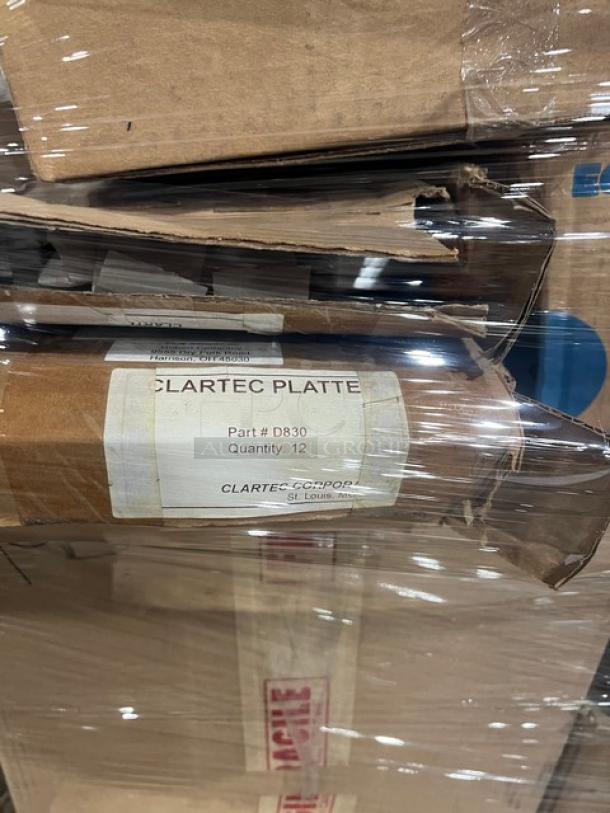 Mixed pallet of commercial kitchenware in original packaging, includes Clartec Platter model D830, sealed and labeled.