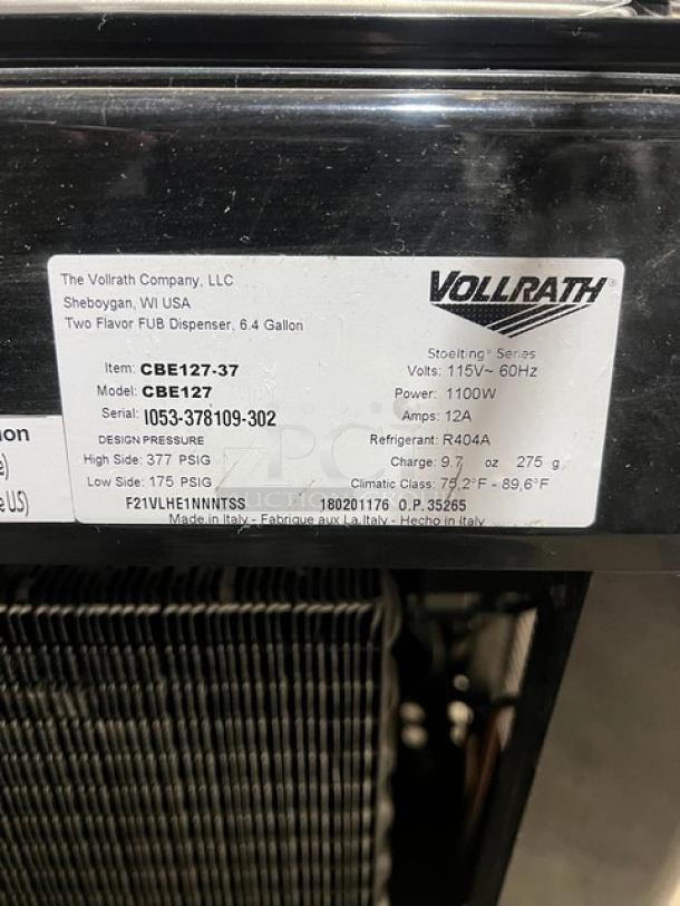 NEW Vollrath CBE127 dual 3.2 gal. slush dispenser, black, countertop, clear polycarbonate hoppers, 115V, SN: I053-378109-302.