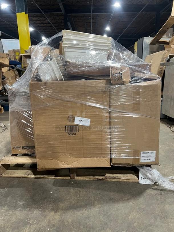 Pallet with brand new mixed kitchen items, including Steelite champagne flutes, Front Of The House insert pans, pizza dough boxes, and more. Wrapped and packed in cardboard boxes.