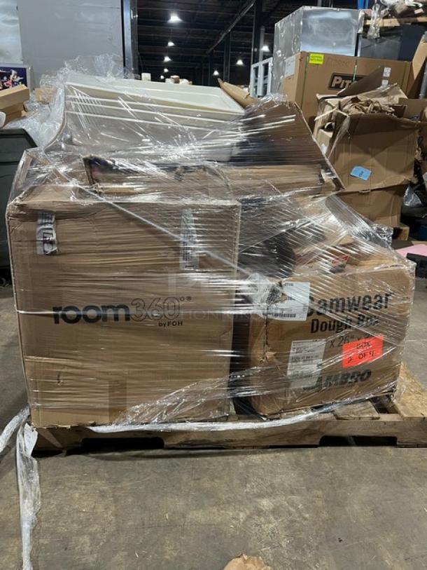 Mixed pallet with boxed items including Steelite International Rona Collection champagne flutes, Front Of The House pans, Cambro proofing boxes, and more. New condition.
