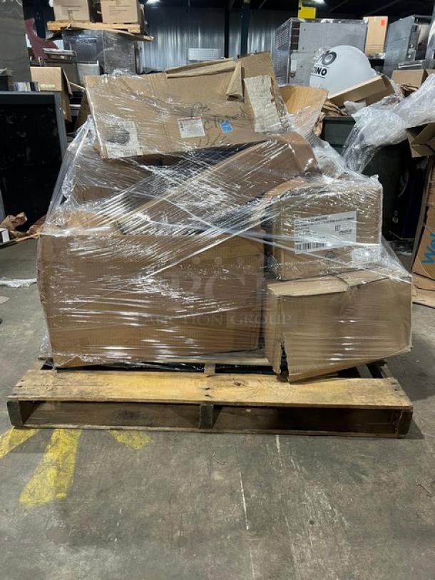 Mixed pallet containing various commercial kitchen items, including Steelite champagne flutes and Cambro proofing boxes, sealed in shrink wrap, on a wooden pallet.