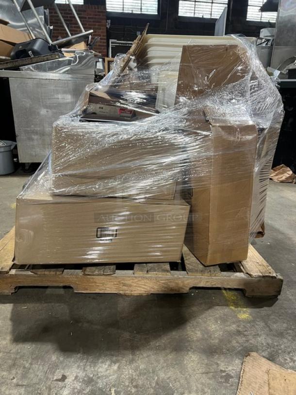 Mixed pallet with sealed boxes containing Steelite International Rona champagne flutes, drinkwise series pans, and more.