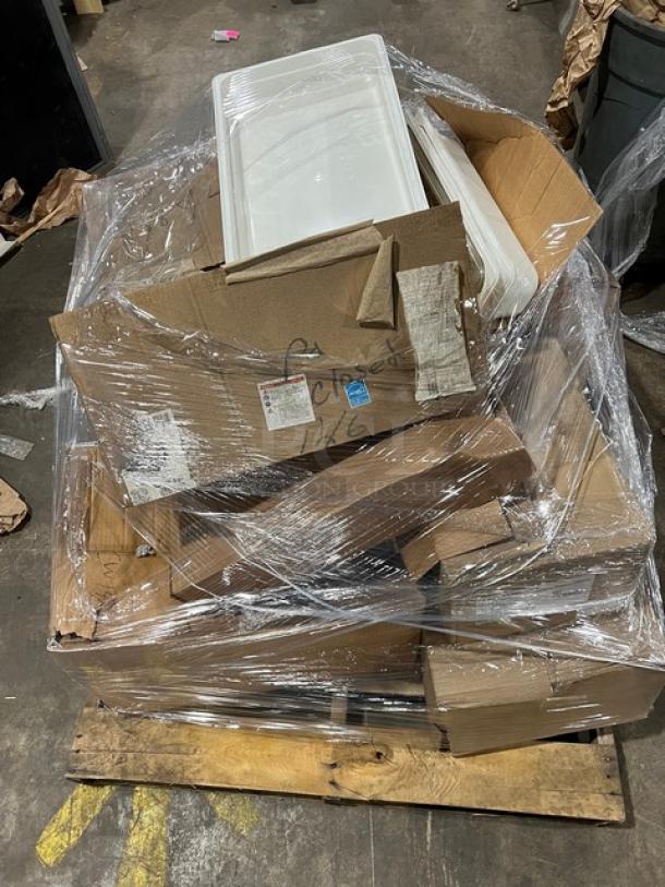 Mixed pallet of commercial kitchen items including Steelite Rona Collection 5-1/2 oz champagne flutes, plastic wrapped.