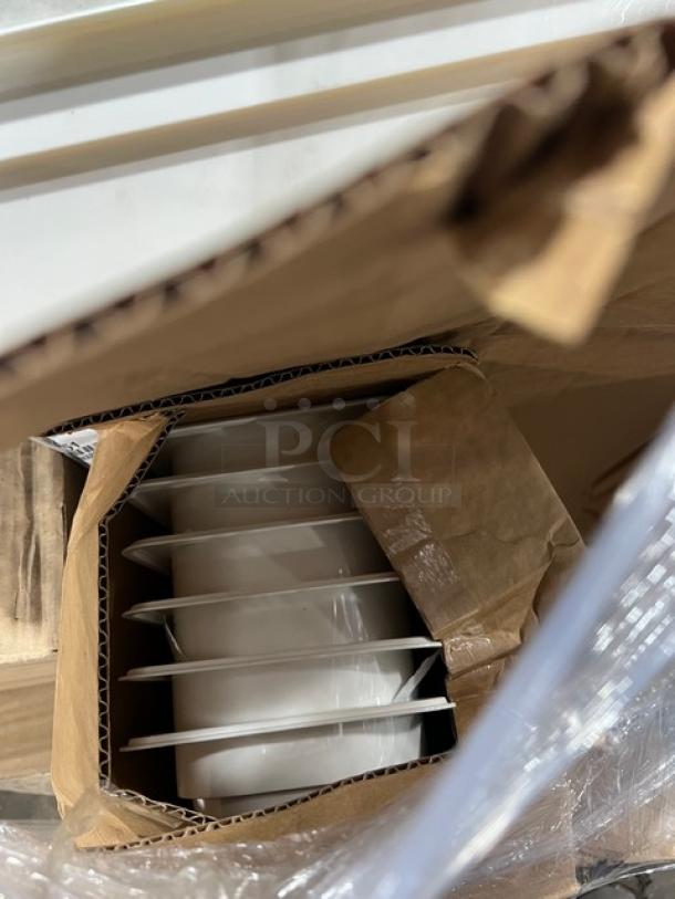 Mixed pallet with Steelite Rona champagne flutes, Front of the House insert pans, Cambro proofing boxes, and more. New condition.