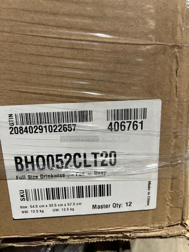 Label on a mixed pallet showing model BHO052CLT20 barcode and details. Pack of 12, showing dimensions and weight.