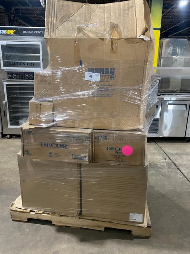 Mixed pallet of brand new commercial kitchen items wrapped in plastic. Includes Vollrath racks, towels, spatulas, and more.