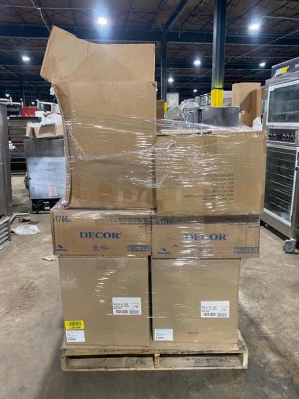 Brand new mixed pallet with Vollrath Traex rack, Cascades towels, high-heat scrapers, bamboo spoons, and Renzo forks. Boxes labeled "Decor" model 1766, wrapped on wooden pallet.